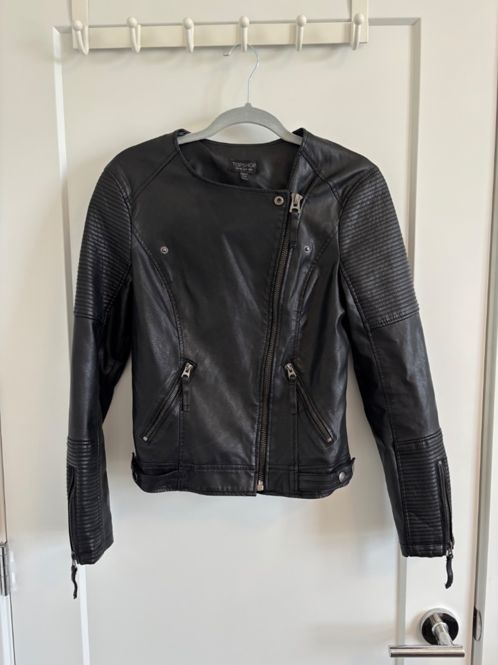 TopShop Nelly Black Faux Leather Biker Jacket Size 4 - Picture 2 of 12